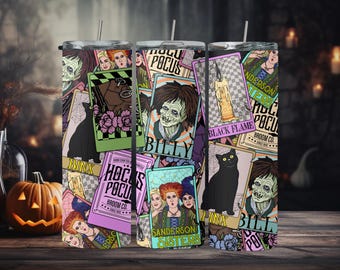 Hocus Pocus 20oz Tumbler with Lid & Straw – Sanderson Sisters Movie Artwork – Black Flame Candle, Binx Cat – Colorful Insulated Drinkware