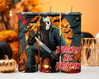 Stainless Steel Halloween Tumbler, 20oz with Straw and Lid, Masked Figure & Bats Design, "Bitches Be Trippin" Perfect for Spooky Season!