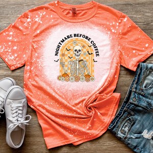 NIGHTMARE BEFORE COFFEE Skeleton Graphic Tee | Orange & White Checkerboard | Bleached T-shirt | Short Sleeve | Floral and Bat Design