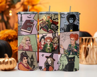 Hocus Pocus Halloween-Themed 20oz Tumblers | Includes Metal Straws and Lids Cartoon Style Decor | Perfect for Halloween Gifts & Party Drinks