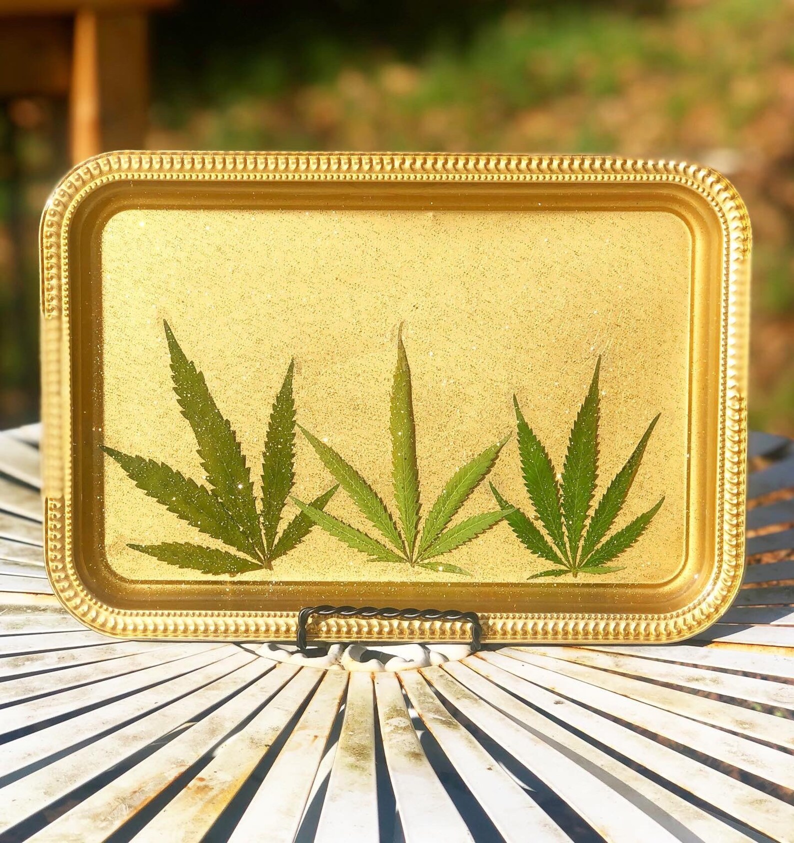 Rolling tray Sparkle gold with hemp leaves Etsy