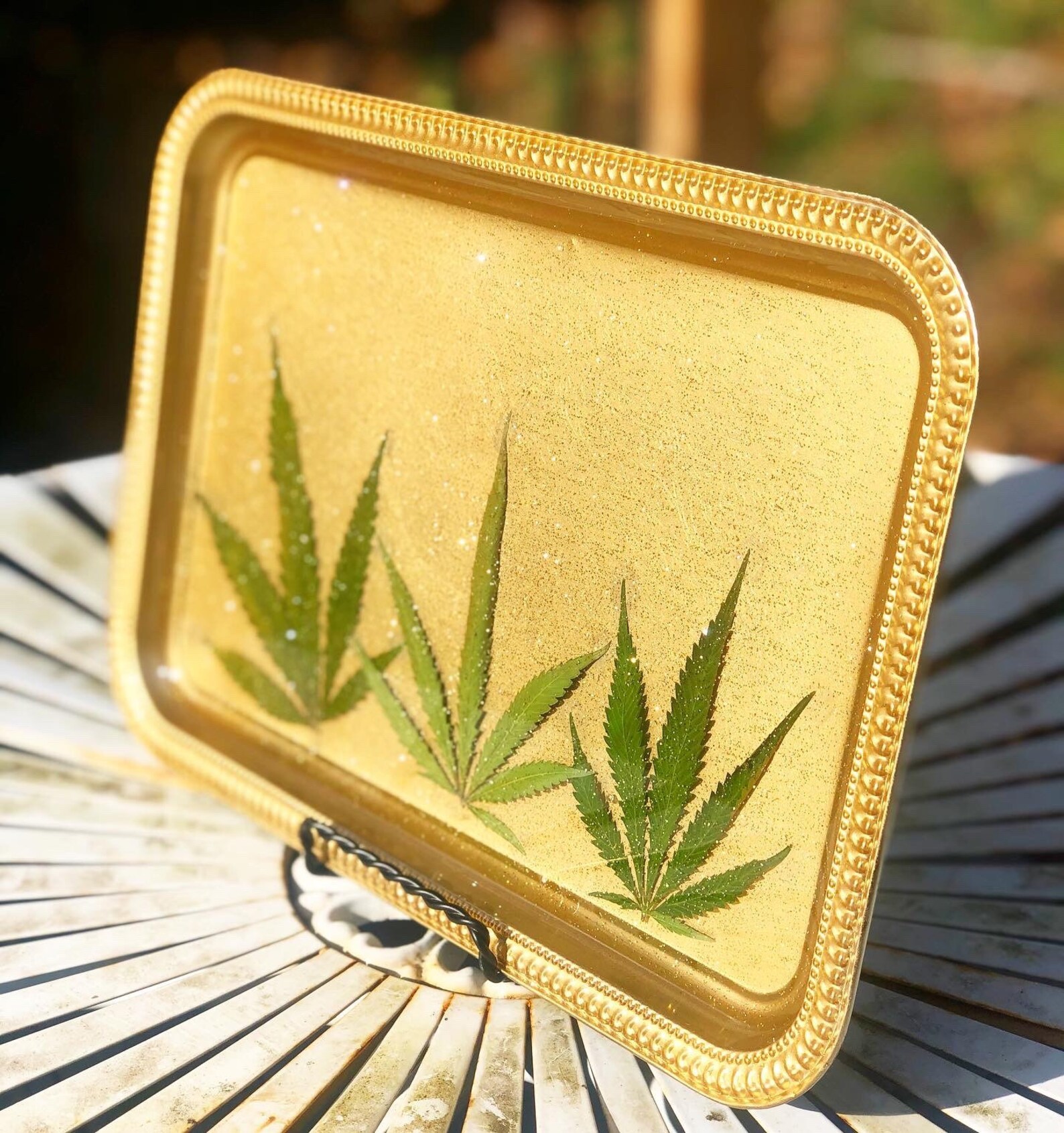 Rolling tray Sparkle gold with hemp leaves Etsy