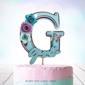Butterfly Theme Cake Topper, Floral Cake Topper, Initial Cake Topper, Personalized Cake Topper, Floral Birthday Decor, Butterfly Birthday