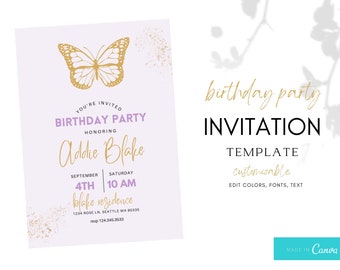 Butterfly Birthday Party Invitation, Butterfly Birthday Invitation Template, Birthday Invite, Editable Template