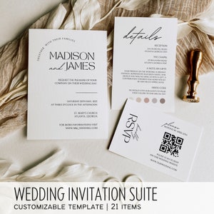 Wedding Invitation QR Code Rsvp, Minimalist Wedding Invite Suite, Minimal Invite, Simple Editable Invite Template - HD001