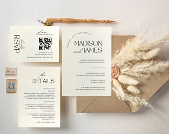 Minimalist Wedding Invites with QR Code, Wedding Invite Suite, Modern Electronic Wedding Invitation, Simple Editable Invite Template