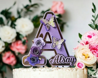 Personalized Butterfly Theme Cake Topper, Floral Birthday Decor