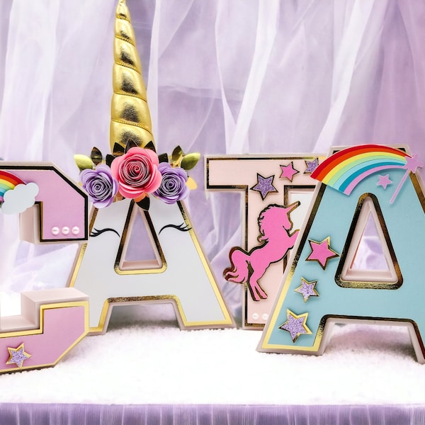 Unicorn Birthday Party 3D Letter Decoration. Custom Baby Girl 3D Letter.