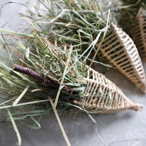 Conos de heno de madera de manzano, vid y heno de pradera (paquete de 3) - Accesorio para masticar para chinchillas, degús, conejos, cobayas y hámsteres