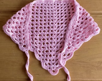Fazzoletto di pizzo in maglia di cotone, sciarpa estiva fatta a mano, fascia rosa da donna all'uncinetto