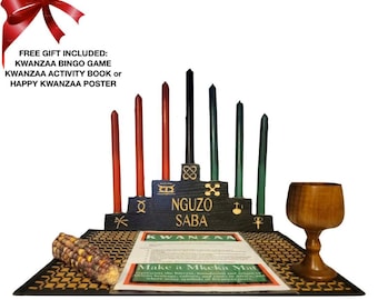 Conjunto de celebração Kwanzaa Kinara - símbolos Nguzo Saba gravados à mão (11 peças)