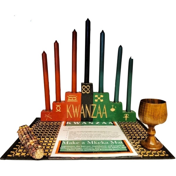 Kwanzaa Kinara Celebration Set -Handcarved Kwanzaa & Kwanzaa 7 Principle Symbols- (11 Piece Set)