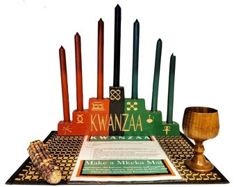 Kwanzaa Kinara Celebration Set -Handcarved Kwanzaa & Kwanzaa 7 Principle Symbols- (11 Piece Set)
