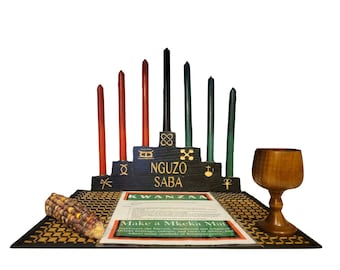 Kwanzaa Kinara Celebration Set- Hand Engraved Nguzo Saba Symbols (11-Piece)