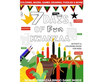 Livro de atividades e colorir Kwanzaa para crianças "Jogos ilimitados, quebra-cabeças, vocabulário para crianças para impressão com guia BÔNUS Kwanzaa - livro de capa mole