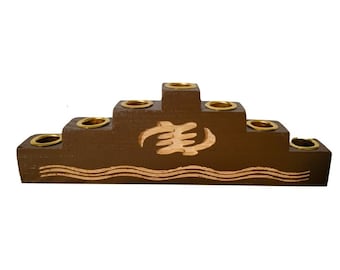 Hand carved GYE NYAME-  Brown Wooden Kwanzaa Kwanzaa Kinara with Gold Finish