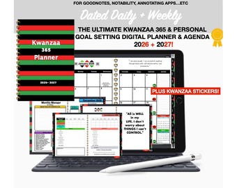 Planejador Digital Kwanzaa Goodnotes, Definição de Metas Pessoais, Planejador para iPad, Planejador Diário, Planejador Diário, Mensal e Semanal com Data e Hiperlinks