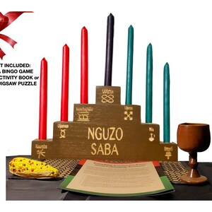 Kwanzaa Kinara Celebration Set- Kwanzaa, 7 Principles & Symbols of Kwanzaa with Kwanzaa NGUZO SABA Handcarved (11 Piece Set)