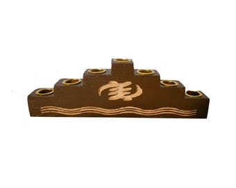 Hand carved GYE NYAME-  Brown Wooden Kwanzaa Kwanzaa Kinara with Gold Finish