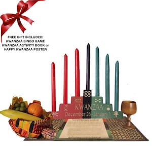 Kwanzaa Kinara Celebration Set- Kwanzaa, 7 Principles of Kwanzaa with Kwanzaa Celebration Date Dec 26- Jan 1 Handcarved (11 Piece Set)