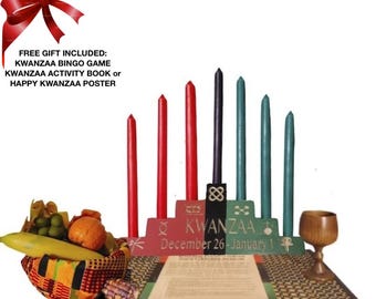Conjunto de Celebração Kwanzaa Kinara - Kwanzaa, 7 Princípios do Kwanzaa com a Data da Celebração do Kwanzaa: 26 de dezembro a 1 de janeiro. Esculpido à mão (Conjunto de 11 peças)