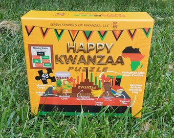 Quebra-cabeça de Kwanzaa Feliz com Pôster Correspondente - Ensina NGUZO SABA Princípios de Kwanzaa e Símbolos de Kwanzaa