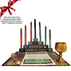 Kwanzaa Kinara Celebration Set- Kwanzaa, 7 Principles of Kwanzaa with Kwanzaa Celebration Date Dec 26- Jan 1 Handcarved (11 Piece Set)