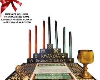 Kwanzaa Kinara Celebration Set- Kwanzaa, 7 Principles of Kwanzaa with Kwanzaa Celebration Date Dec 26- Jan 1 Handcarved (11 Piece Set)