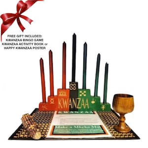 Kwanzaa Kinara Celebration Set -Handcarved Kwanzaa & Kwanzaa 7 Principle Symbols- (11 Piece Set)