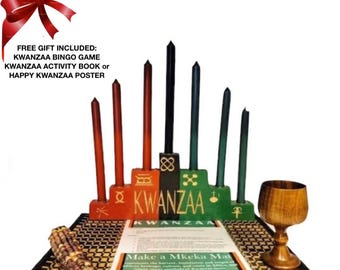 Conjunto de Celebração Kwanzaa Kinara - Símbolos Kwanzaa e dos 7 Princípios do Kwanzaa esculpidos à mão - (Conjunto de 11 peças)