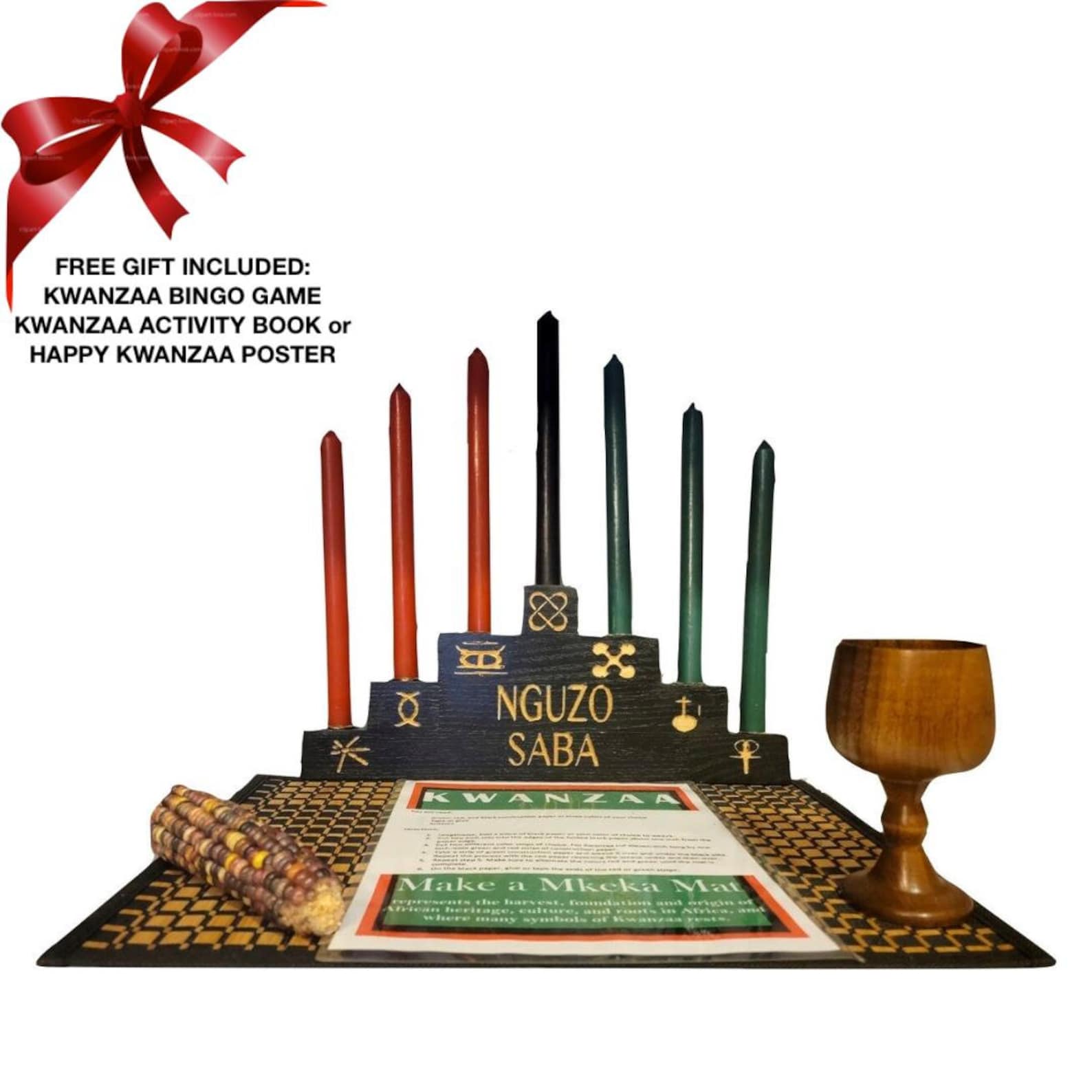 Kwanzaa Kinara Celebration Set- Hand Engraved Nguzo Saba Symbols (11-Piece)