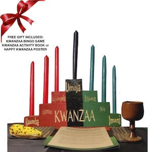 Kwanzaa Kinara Celebration Set- Kwanzaa, 7 Principles of Kwanzaa Handcarved (11 Piece Set)