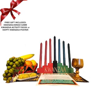 Kwanzaa Kinara Celebration Set (11 Piece) Handcarved &quot;Kwanzaa&quot; engraved