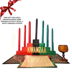Kwanzaa Kinara- Candles Included -Traditional- 7 Mishumaa Saba Candles -Colors of Africa Wooden Kinara Handcarved with Gold Finish