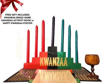 Kwanzaa Kinara- Candles Included -Traditional- 7 Mishumaa Saba Candles -Colors of Africa Wooden Kinara Handcarved with Gold Finish