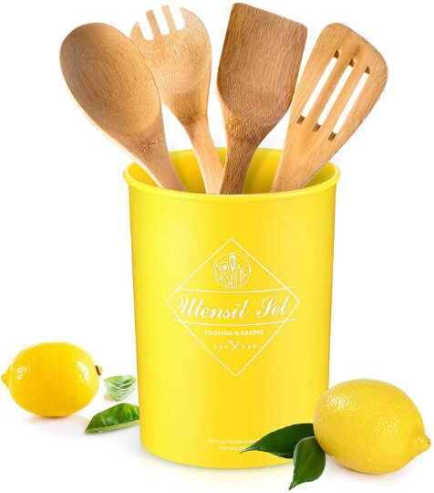 Silicone 5 piece Utensil Set with Crock  Yellow kitchen accessories,  Utensil set, Lemon kitchen decor