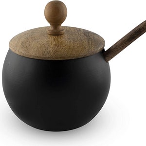 Unique Sugar Bowl with Wooden Lid and Spoon for Home and Kitchen Drum Shape Matte Black Finish Sugar Bowl image 1