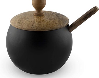 Unique Sugar Bowl with Wooden Lid and Spoon for Home and Kitchen || Drum Shape Matte Black Finish Sugar Bowl