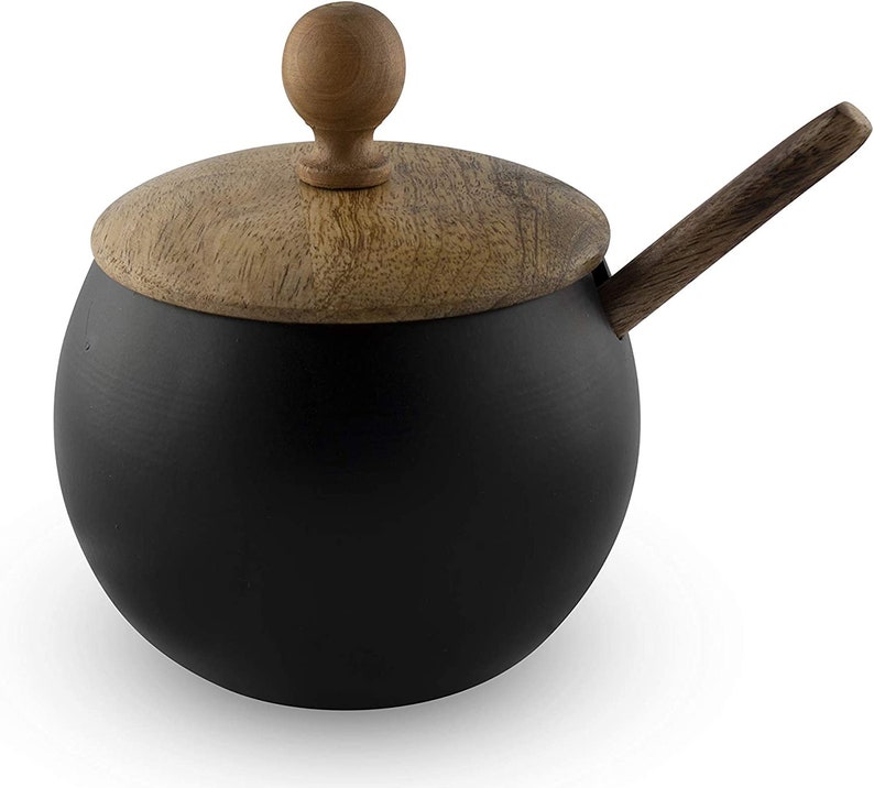 Unique Sugar Bowl with Wooden Lid and Spoon for Home and Kitchen Drum Shape Matte Black Finish Sugar Bowl image 1