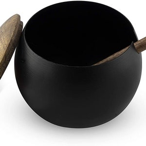Unique Sugar Bowl with Wooden Lid and Spoon for Home and Kitchen Drum Shape Matte Black Finish Sugar Bowl image 4