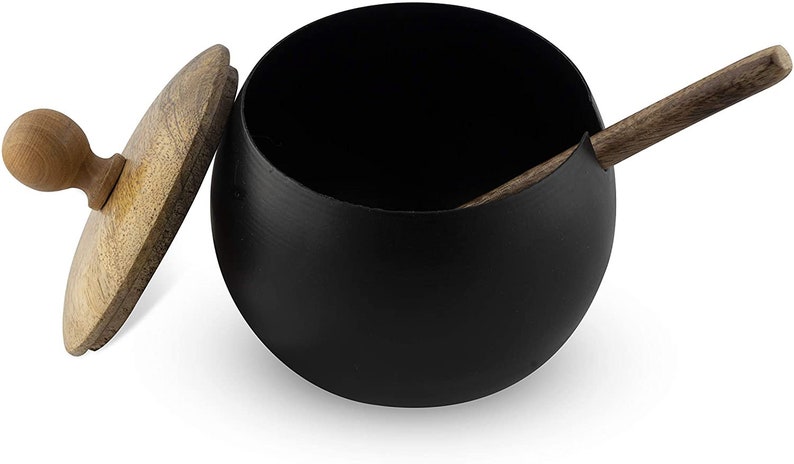 Unique Sugar Bowl with Wooden Lid and Spoon for Home and Kitchen Drum Shape Matte Black Finish Sugar Bowl image 4