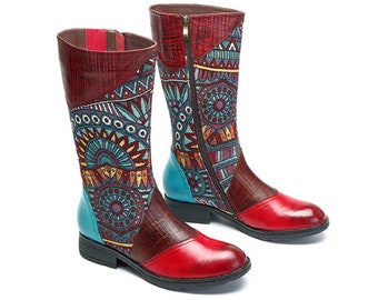 Bohemian Splicing Pattern Zipper Flat Leather Knee Boots