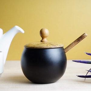 Unique Sugar Bowl with Wooden Lid and Spoon for Home and Kitchen Drum Shape Matte Black Finish Sugar Bowl image 2