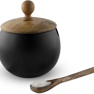 Unique Sugar Bowl with Wooden Lid and Spoon for Home and Kitchen Drum Shape Matte Black Finish Sugar Bowl image 3