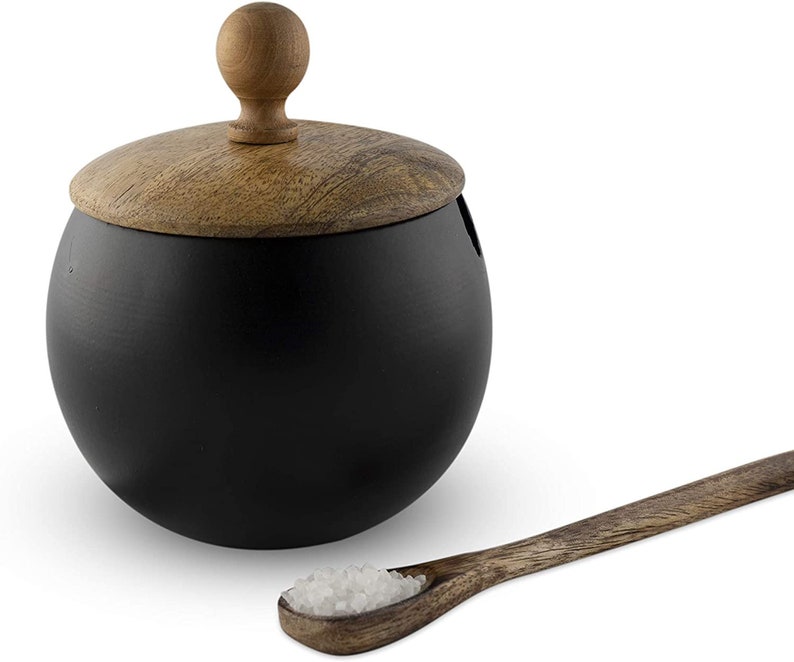 Unique Sugar Bowl with Wooden Lid and Spoon for Home and Kitchen Drum Shape Matte Black Finish Sugar Bowl image 3