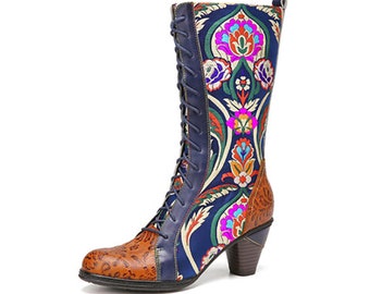 Floral Embroidery Splicing Comfy Warm Chunky Heel Mid-calf Boots