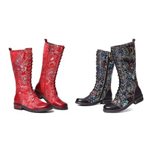 Gorgeous Flowers Pattern Colorful Stitching Elegant Zipper Lace Up Flat Mid Calf Boots