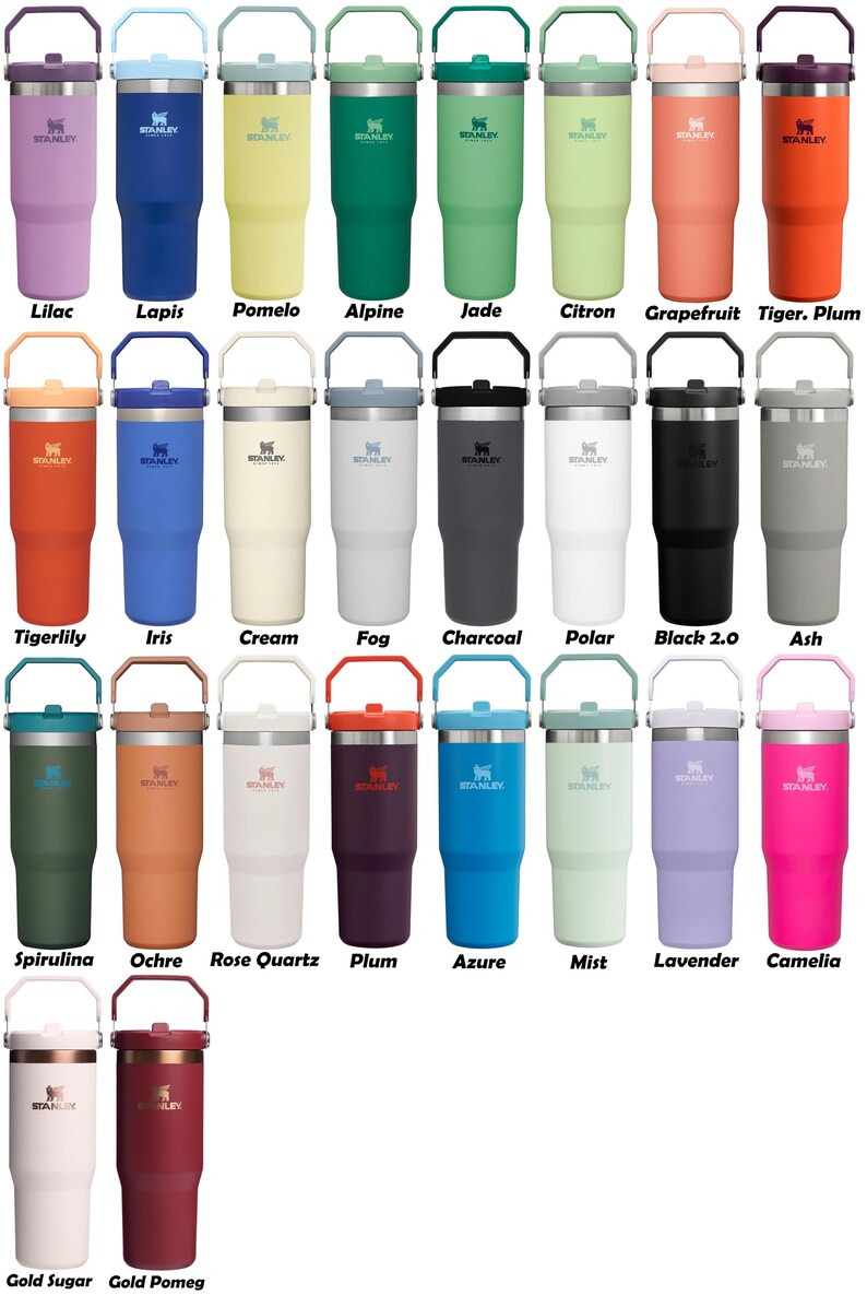 May include: A collection of 20 Stanley brand insulated tumblers in various colors, including lilac, lapis, pomelo, alpine, jade, citron, grapefruit, tiger plum, tigerlily, iris, cream, fog, charcoal, polar, black 2.0, ash, spirulina, ochre, rose quartz, plum, azure, mist, lavender, camellia, gold sugar, and gold pomeg.