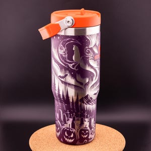 Stanley Engraved | Engraved 30oz Tumbler | IceFlow Flip Straw Tumbler | Custom Stanley | Cemetery, Pumpkins, Cat and Moon, Halloween, Spooky