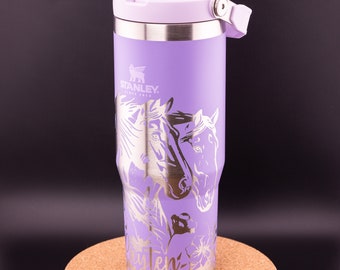 Stanley Engraved | Engraved 30oz Tumbler | IceFlow Flip Straw Tumbler | Personalized Tumbler | Custom Tumbler | Horses, Horse Bust, Floral
